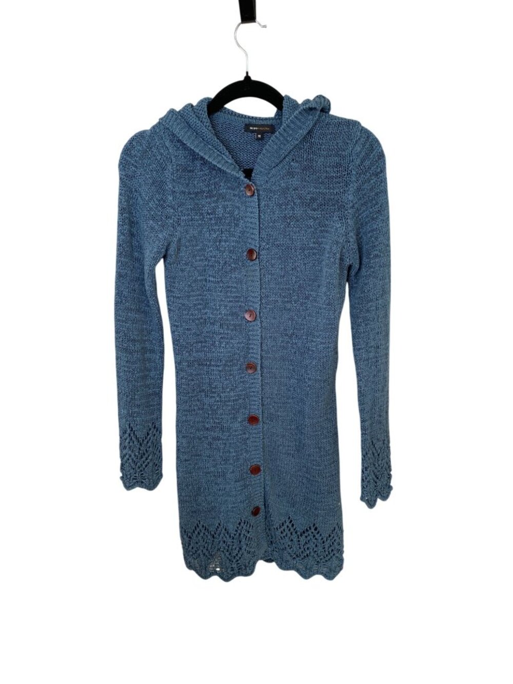 BCBGMAXAZRIA Womens Blue Hooded Knit Cardigan With Button-Up Closure Medium